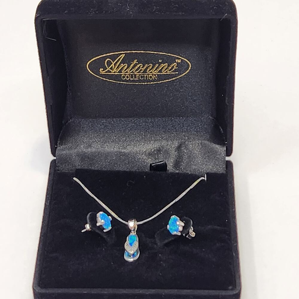 Antonino Collection Sterling Silver Blue Opal Necklace Stud Earring Jewelry Set